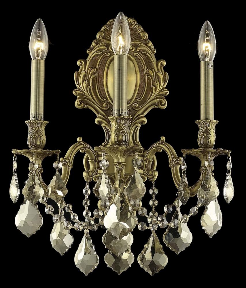 Monarch 3 Light French Gold Wall Sconce Golden Teak (Smoky) Royal Cut Crystal