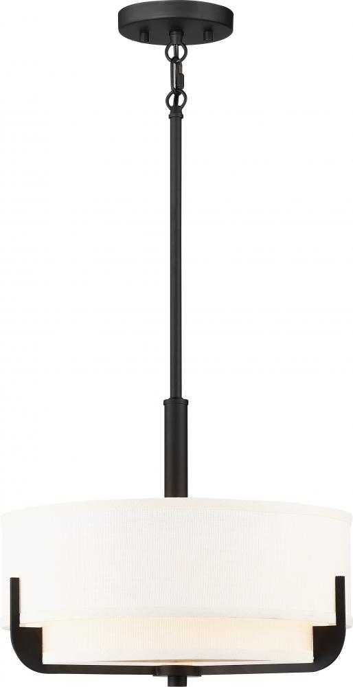 Frankie - 3 Light 15" Pendant with Cream Fabric Shade & Frosted Diffuser - Aged Bronze Finish